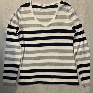 Tommy Hilfiger Gray, White & Navy Striped V-Neck Long Sleeve Shirt